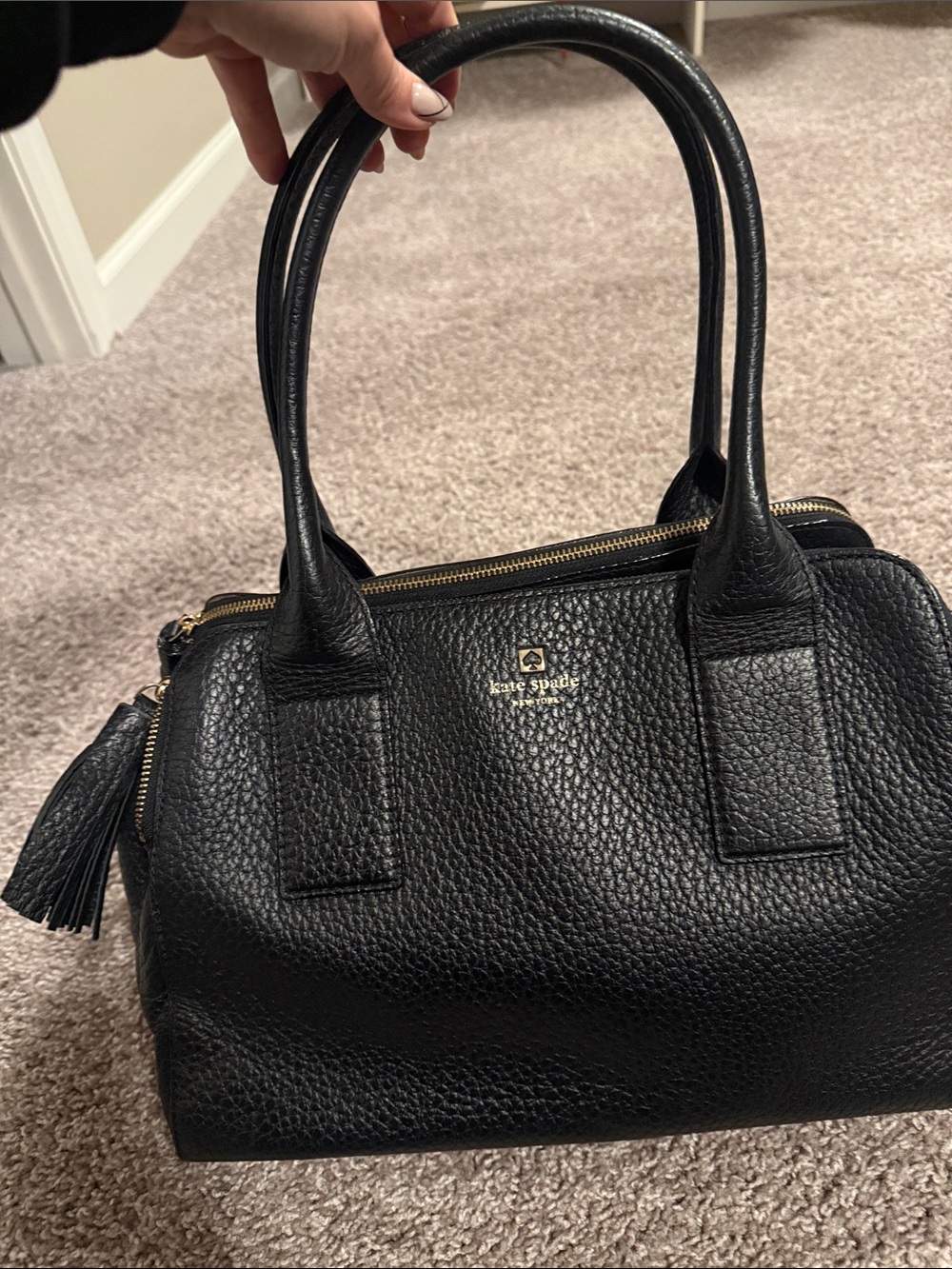 kate spade Black Pebbled Leather Double-Handle Satchel with Tassel